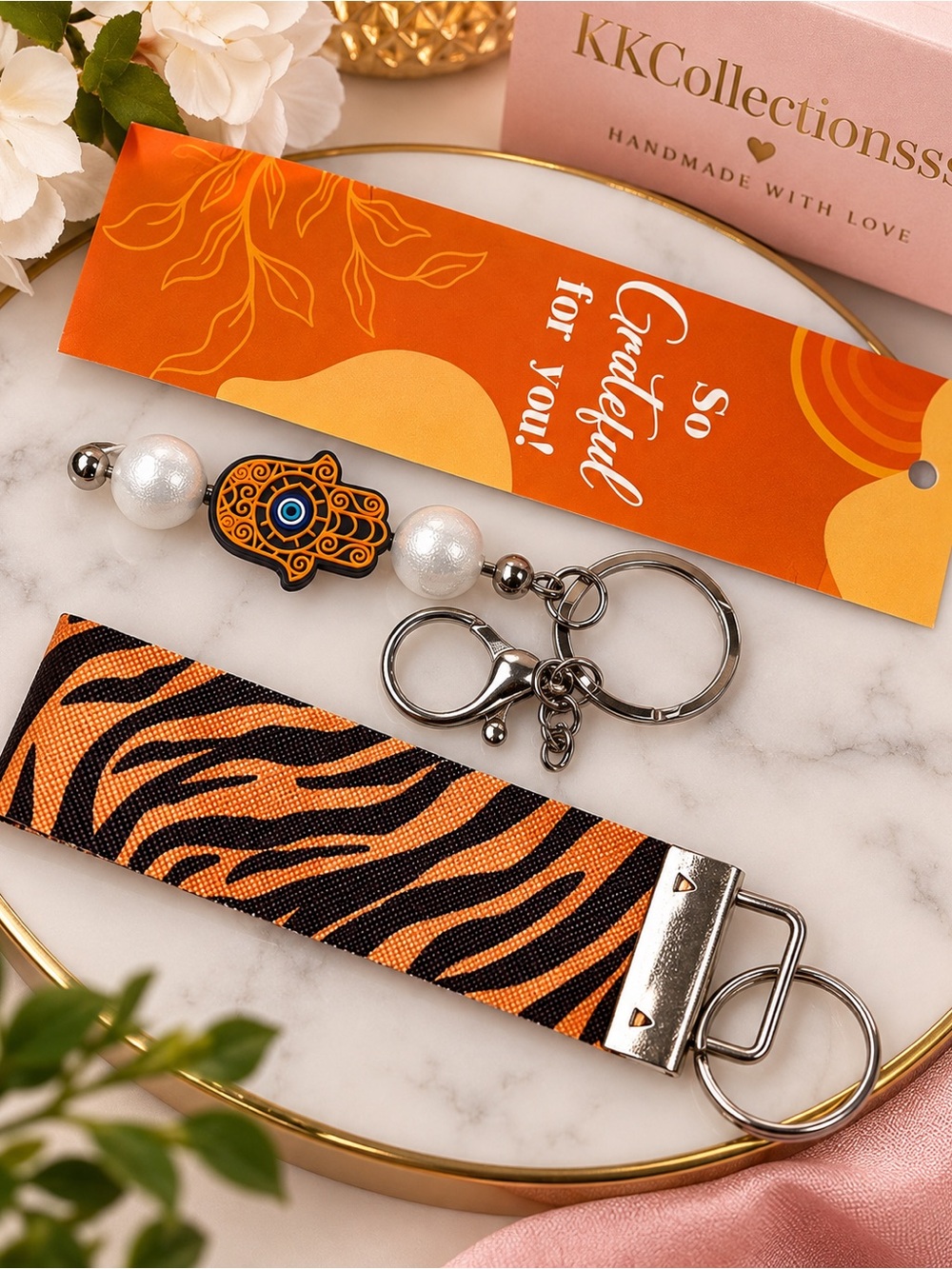 KKCollections Orange Tiger-Print Key & Card Holder Wristlet with Hamsa Charm